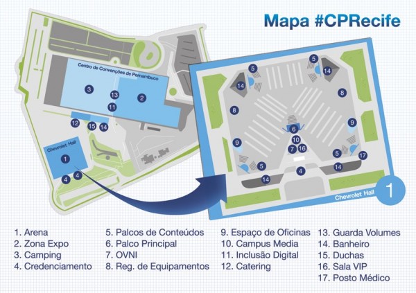 Mapa oficial da Campus Party Recife, no Centro de Convenções de Pernambuco
